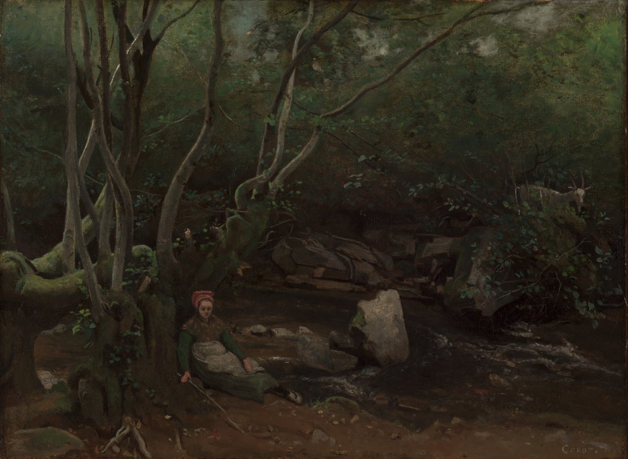 Lormes: Get-Girl Sitting Beside a Stream in a Forest, 1842. av Jean Baptiste Camille Corot