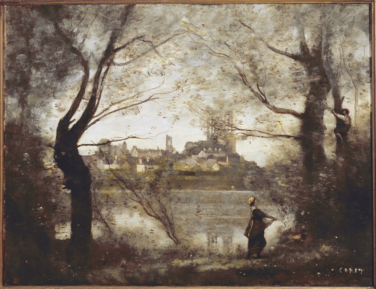 Mantes, katedralen och staden sett genom träden, kväll (olja på duk av Jean Baptiste Camille Corot