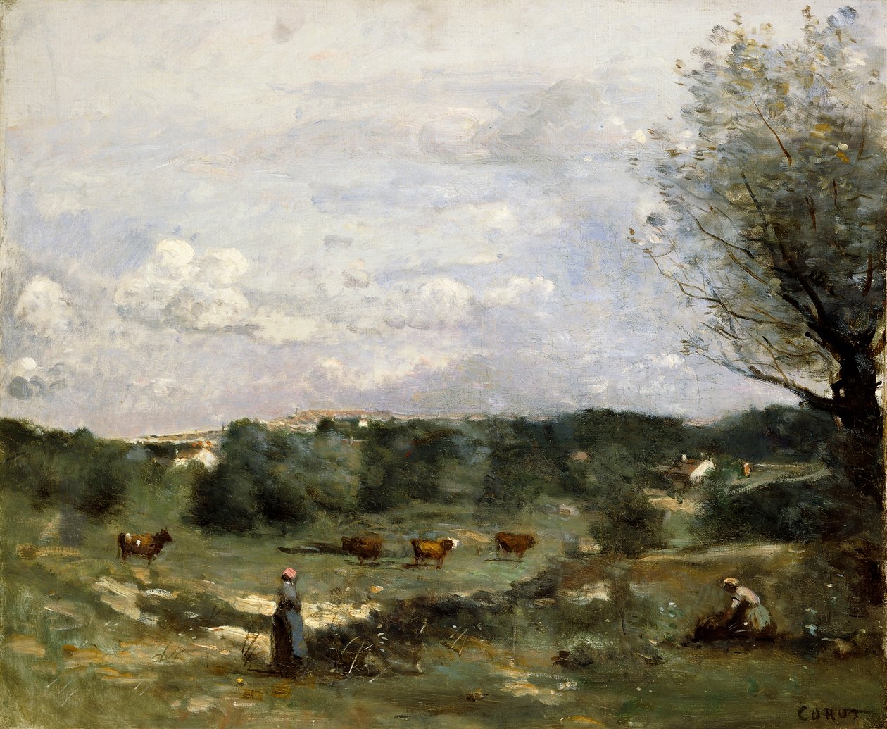 Äng med kor, en pil till höger och en avlägsen by, av Jean Baptiste Camille Corot