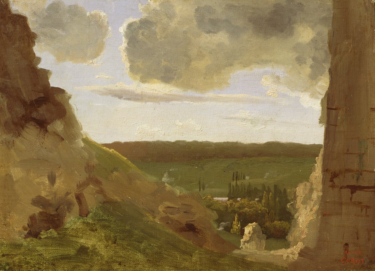 Medeltida ruiner, ca 1828-30 (olja på duk monterad ombord) av Jean Baptiste Camille Corot