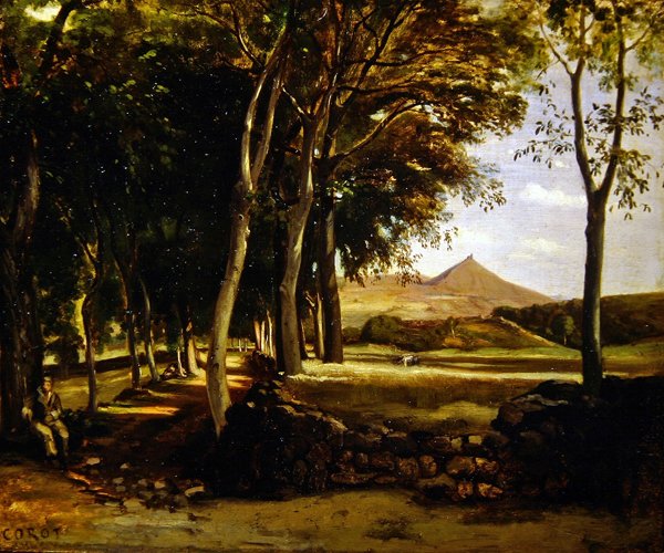 Bergslandskap sett genom en allé av träd (olja på duk) av Jean Baptiste Camille Corot