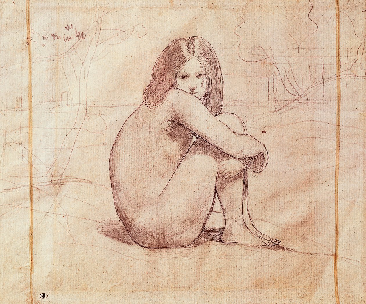 Sitter naken flicka, teckning av Jean-Baptiste-Camille Corot (1796-1875) av Jean Baptiste Camille Corot