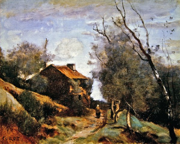 Stigen som leder till ett hus på landet (olja på duk) av Jean Baptiste Camille Corot