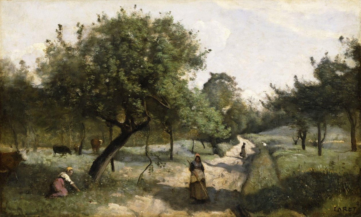 Stig med äppelträd, 1850-60 av Jean Baptiste Camille Corot