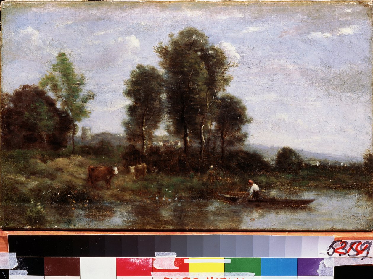 ""Paysage a la riviere"" (Landskap med en flod) Målning av Camille Corot (1796-1875) Far Eastern Art Museum från 1800-talet, Khabarovsk, Ryssland av Jean Baptiste Camille Corot