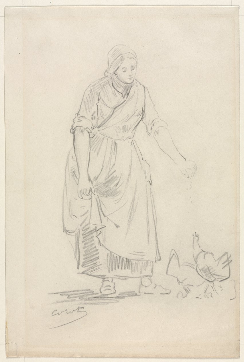 Bondflicka som matar kycklingar av Jean-Baptiste-Camille Corot
