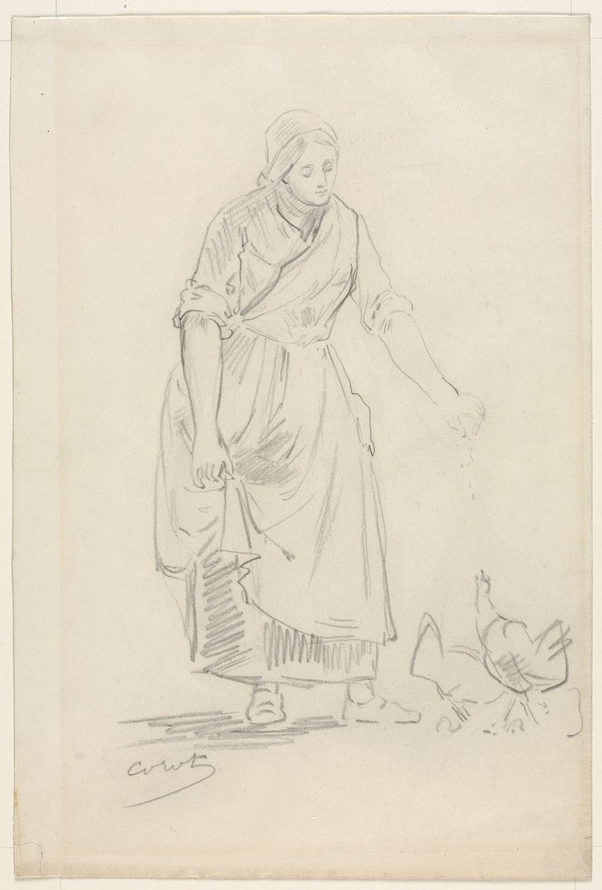 Bondflickan matar kycklingar, 1800-talet. av Jean Baptiste Camille Corot