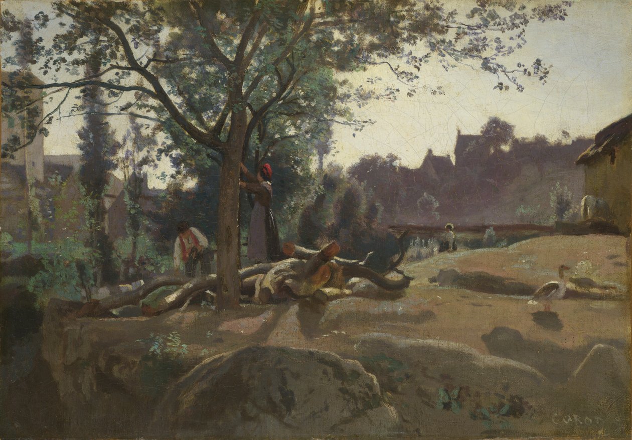 Bönder under träden i gryningen, ca. 1843 av Jean Baptiste Camille Corot