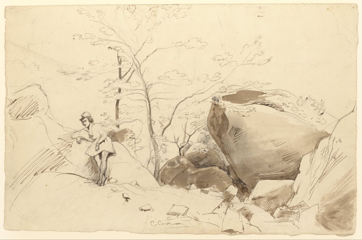 Penna och brunt bläck, pensel och brun lavering över blyerts på papper av Jean Baptiste Camille Corot