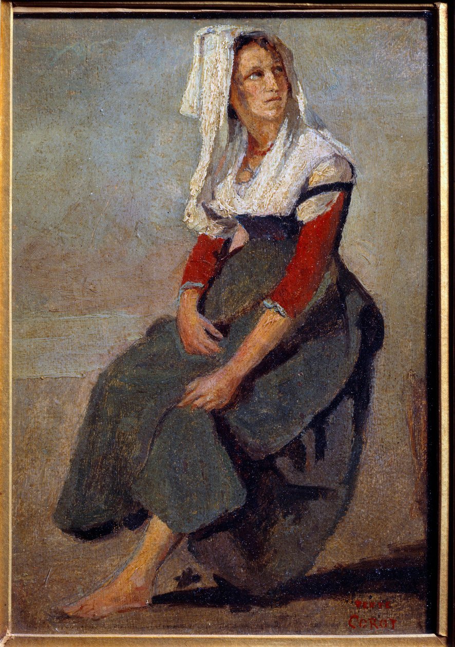 Porträtt av italienskan Maria de Sorre, sittande med huvudet uppåt Målning på kartong av Camille Corot av Jean Baptiste Camille Corot