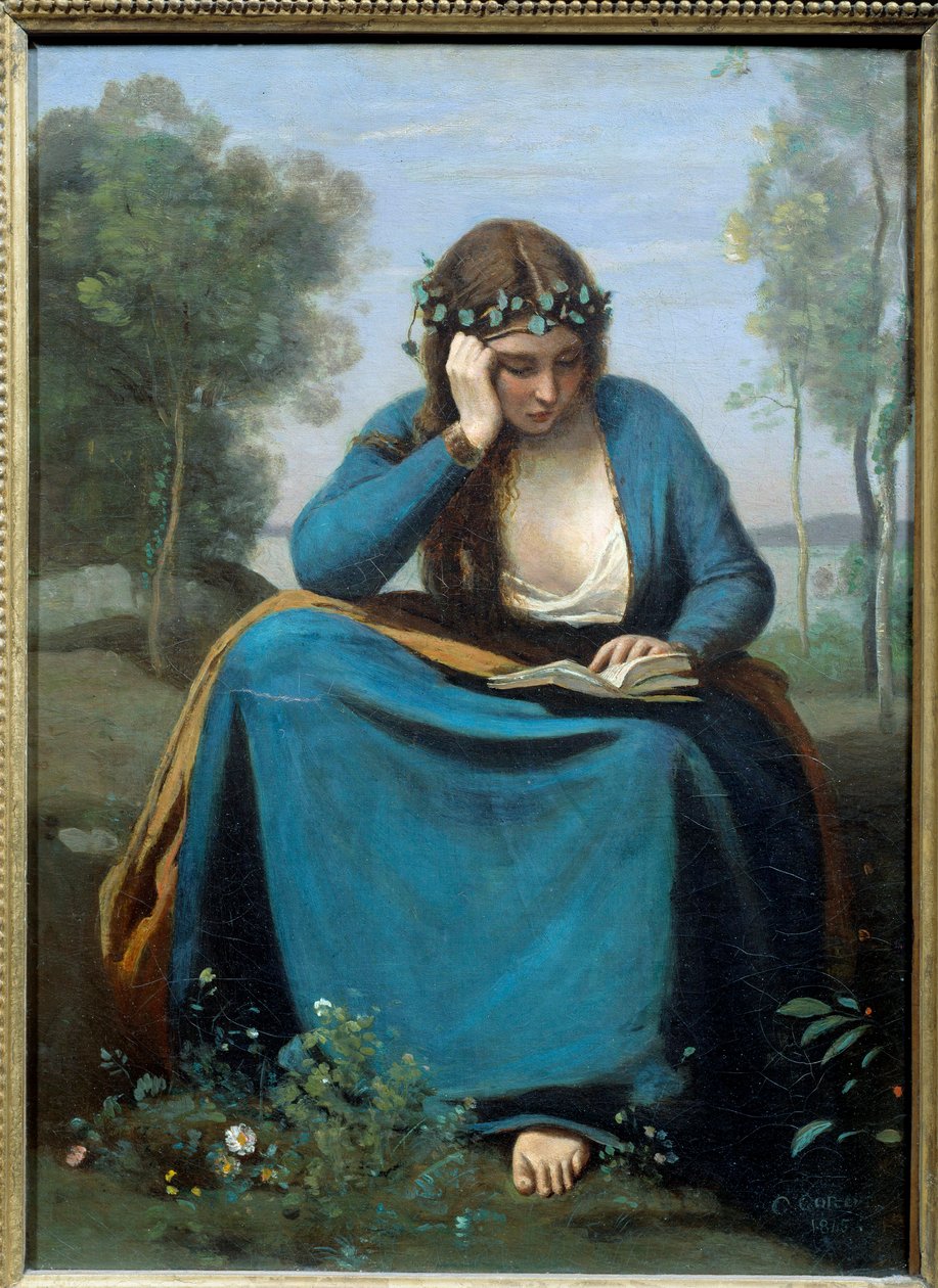Läsare krönt med blommor eller musan av Virgile Målning av Camille Corot (1796-1875) 1845 Dim. 0,45x0,34 m av Jean Baptiste Camille Corot