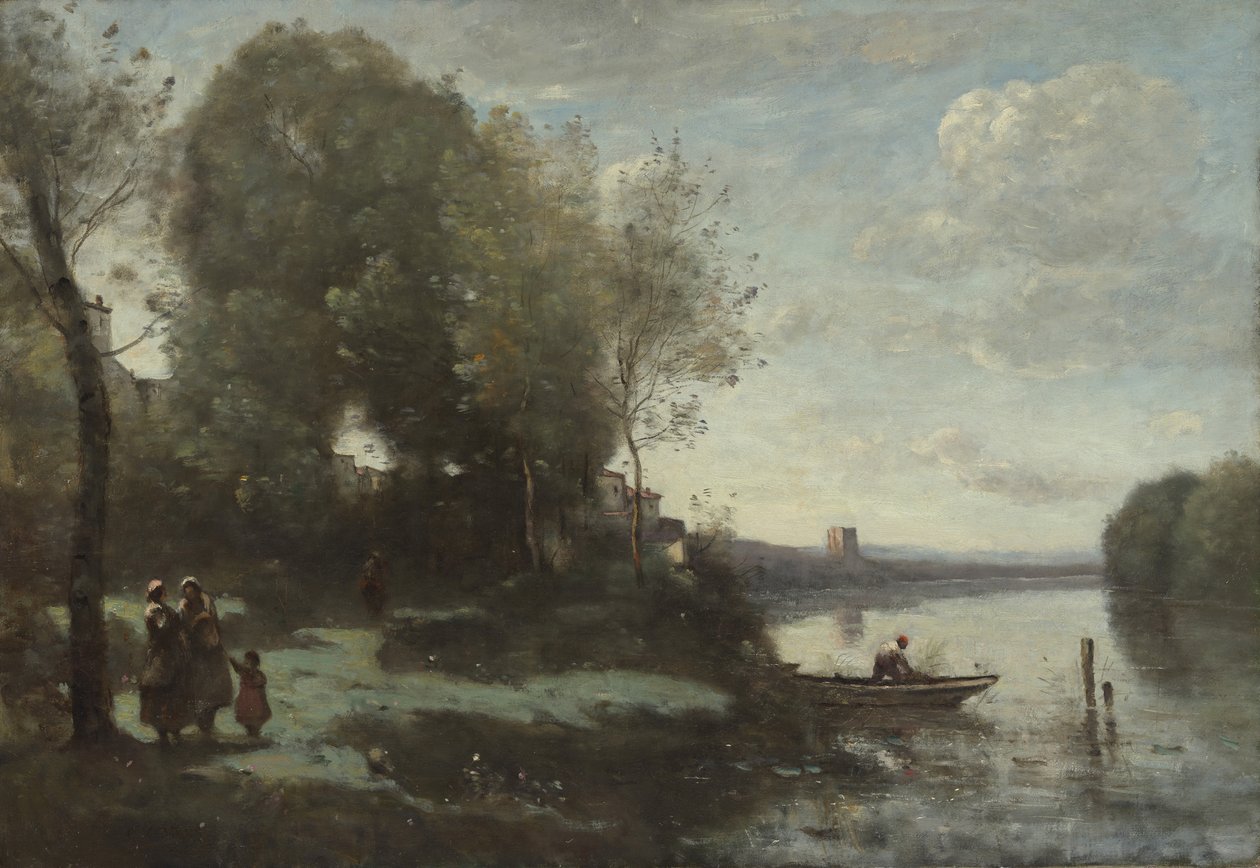 Flod med ett avlägset torn, 1865. av Jean Baptiste Camille Corot