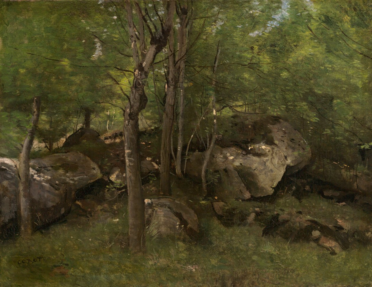 Stenar i skogen Fontainebleau av Jean Baptiste Camille Corot