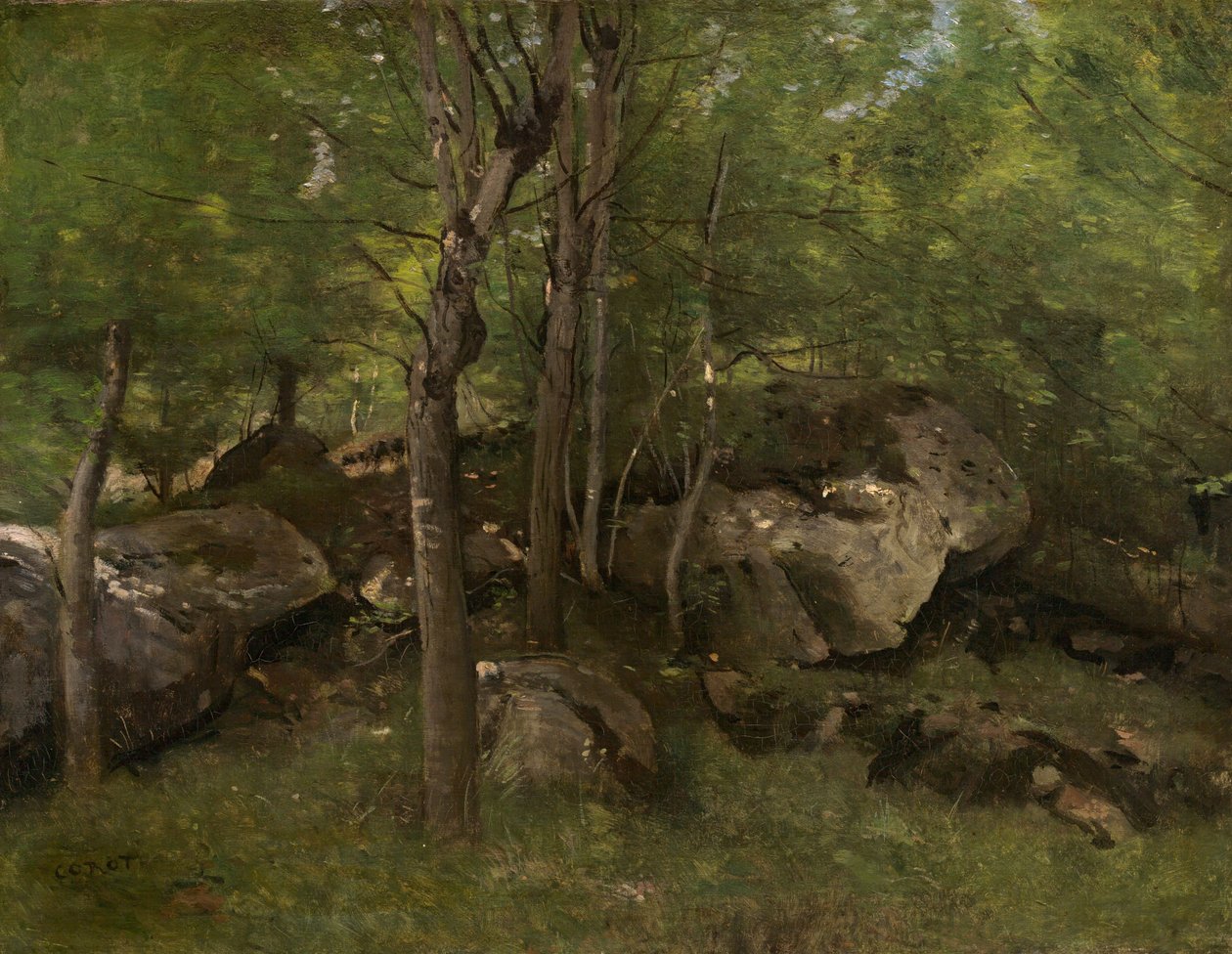 Stenar i skogen Fontainebleau, 18601865. av Jean Baptiste Camille Corot
