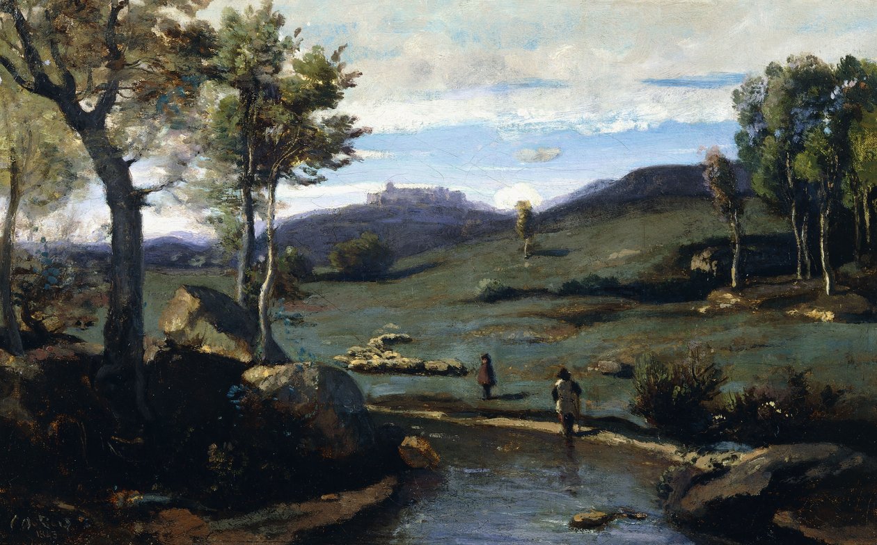 Romersk landsbygd - Klippiga dalen med en grisflock, 1843 av Jean Baptiste Camille Corot