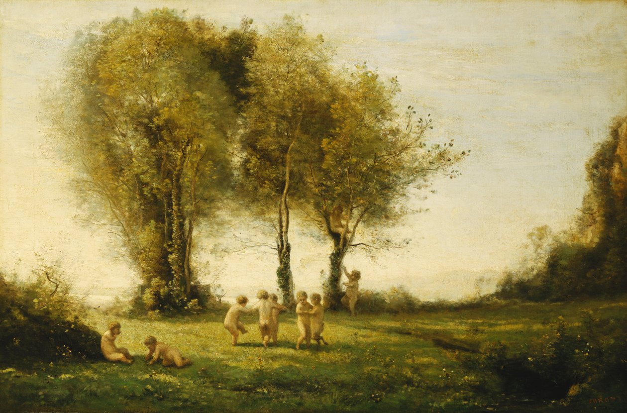 Rund av kärlek; Soluppgång; Amoromgången, soluppgång, ca 1854-55 av Jean Baptiste Camille Corot