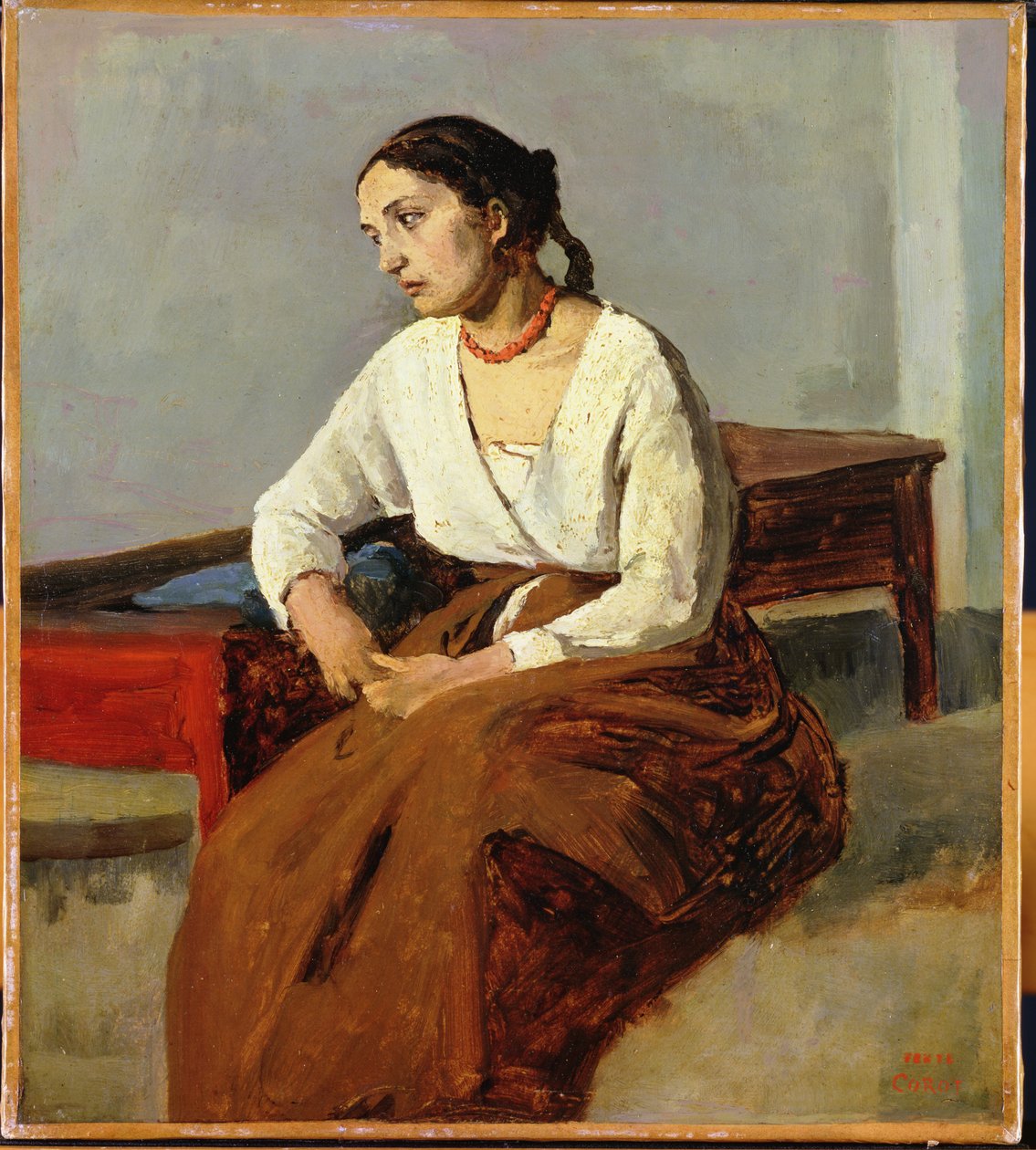 Sittande kvinna i brun kjol av Jean Baptiste Camille Corot
