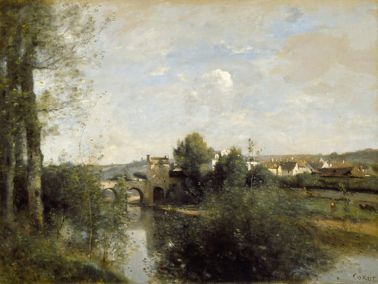 Seine och den gamla bron i Limay av Jean Baptiste Camille Corot