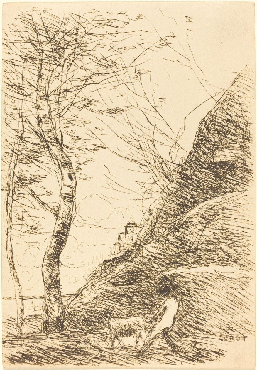 Herde som kämpar med en get Berger luttant avec sa chevre, 1874. av Jean Baptiste Camille Corot