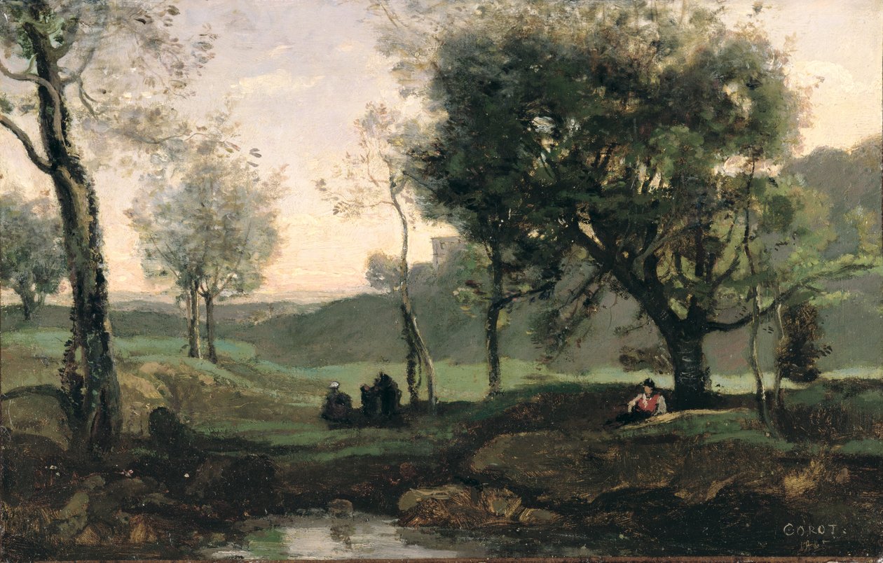 Solnedgång: Figures Under Trees (olja på duk) av Jean Baptiste Camille Corot