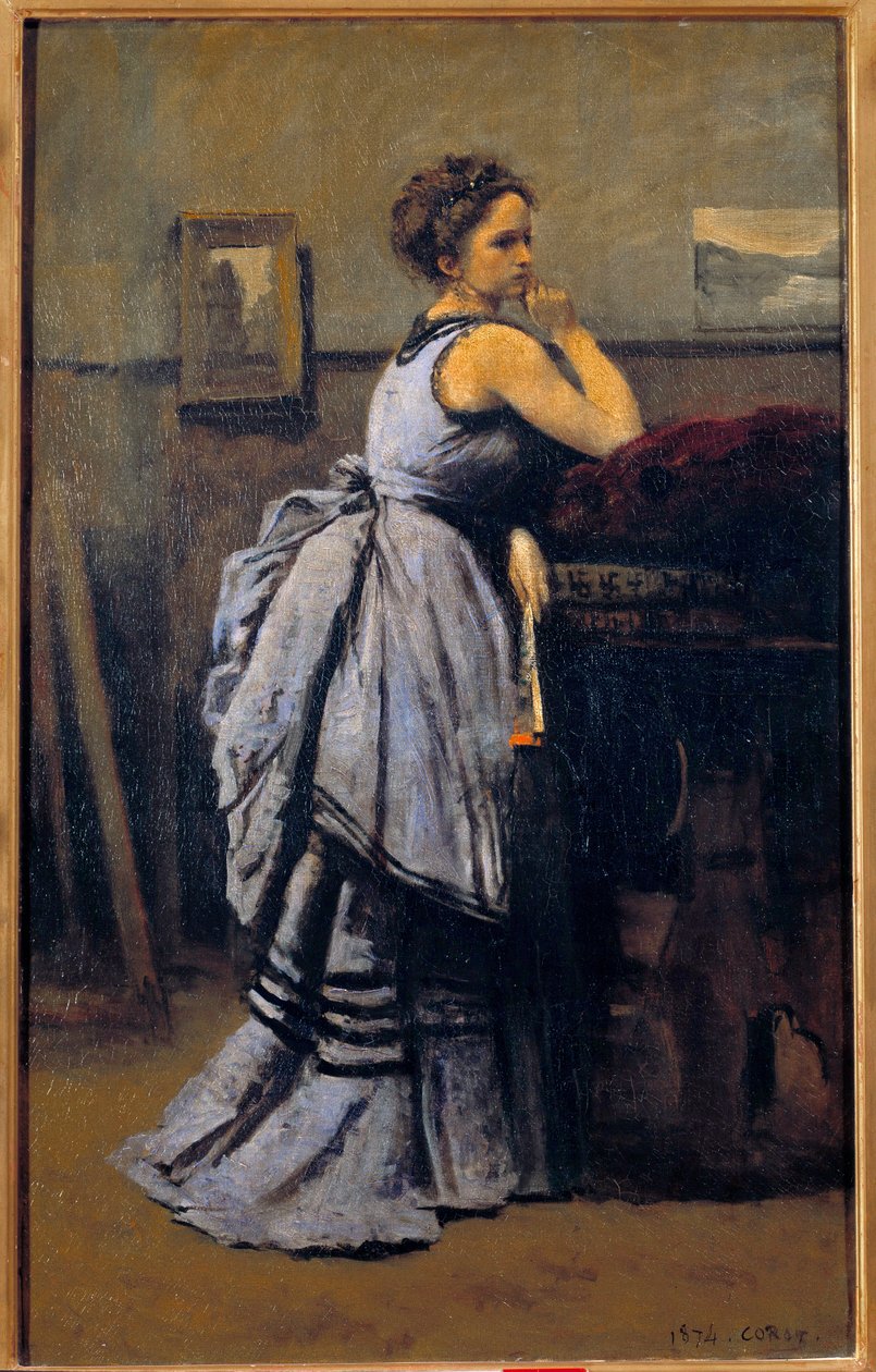 Damen i blått målning av Camille Corot (1796-1875) 1874 Sön. 0,8x0,5 m Paris musee du Louvren av Jean Baptiste Camille Corot