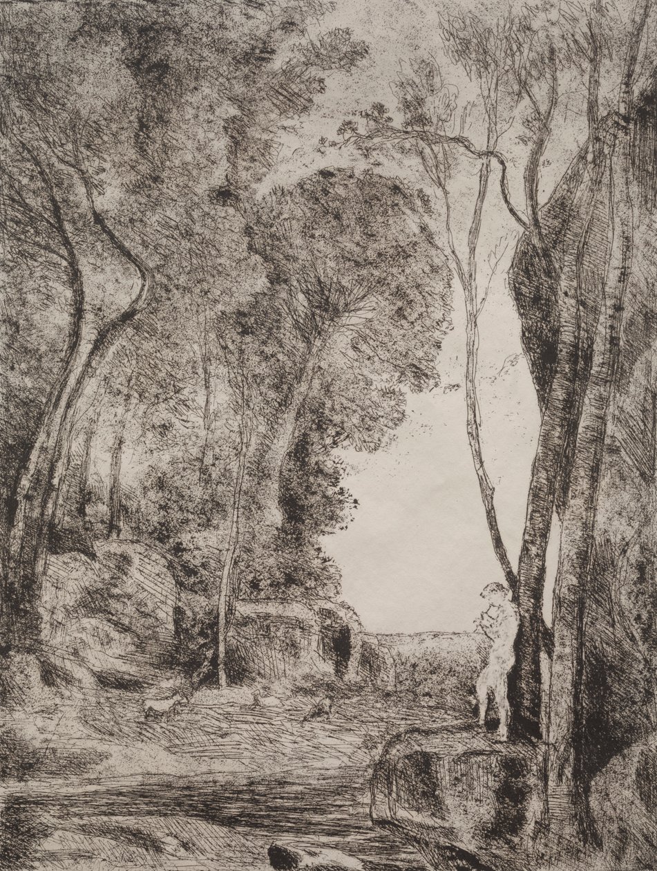 The Little Shepherd, originalavtryck 1855, tryckt 1921. av Jean Baptiste Camille Corot