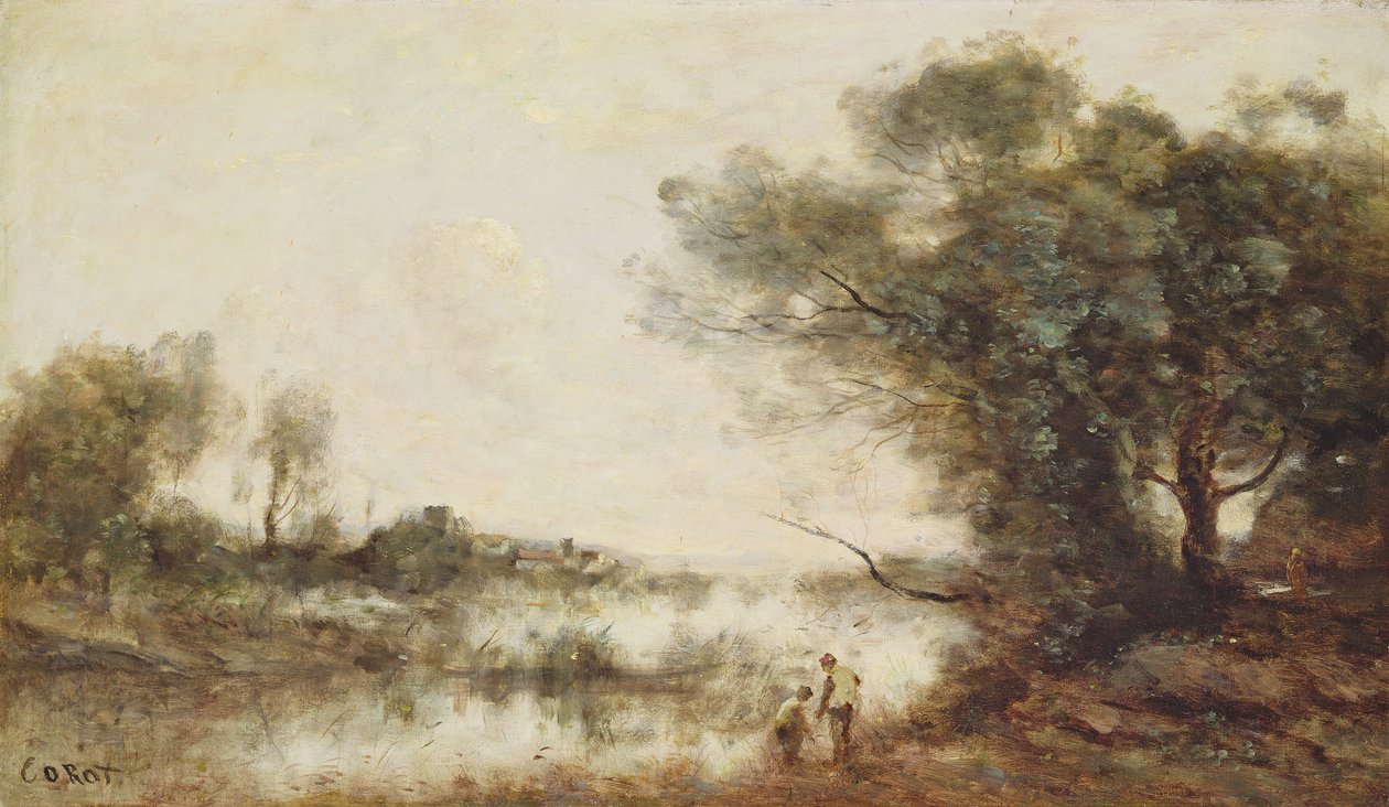 Dammen (olja på duk) av Jean Baptiste Camille Corot