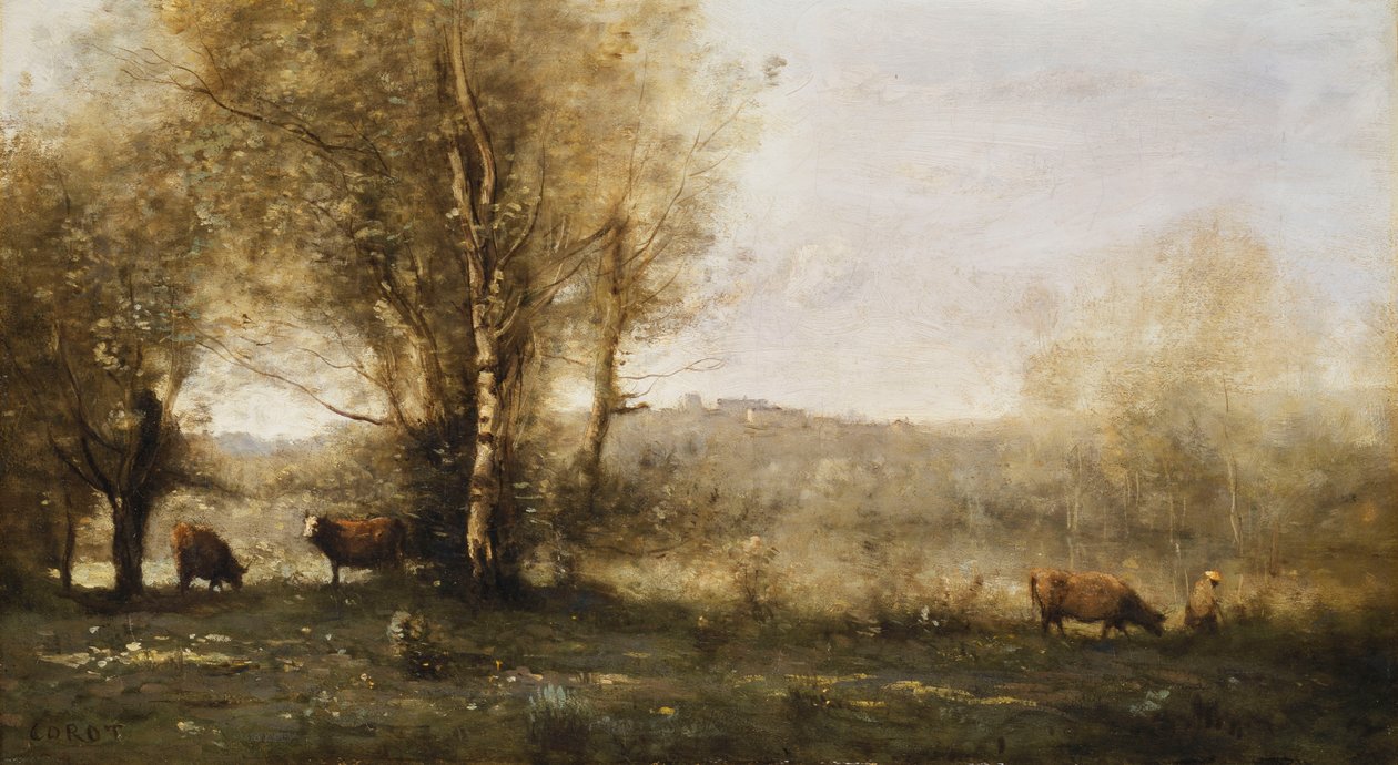 Dammen med tre kor av Jean Baptiste Camille Corot