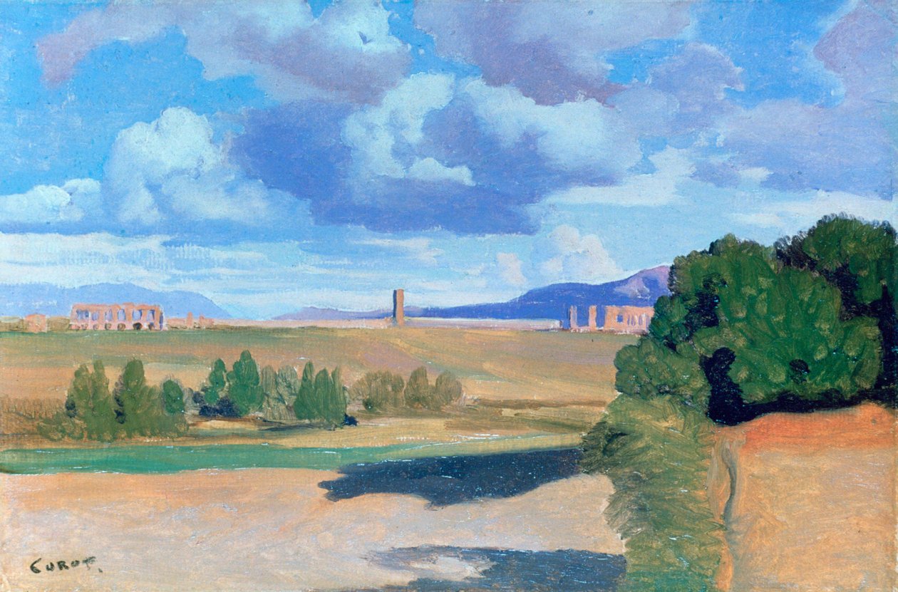 Den romerska Campagna, med Claudian akvedukten, c1826 av Jean Baptiste Camille Corot