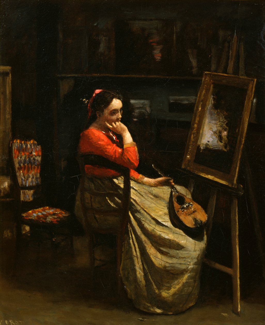 The Workshop of Corot, ung kvinna med röd blus, 1865-1870. av Jean Baptiste Camille Corot