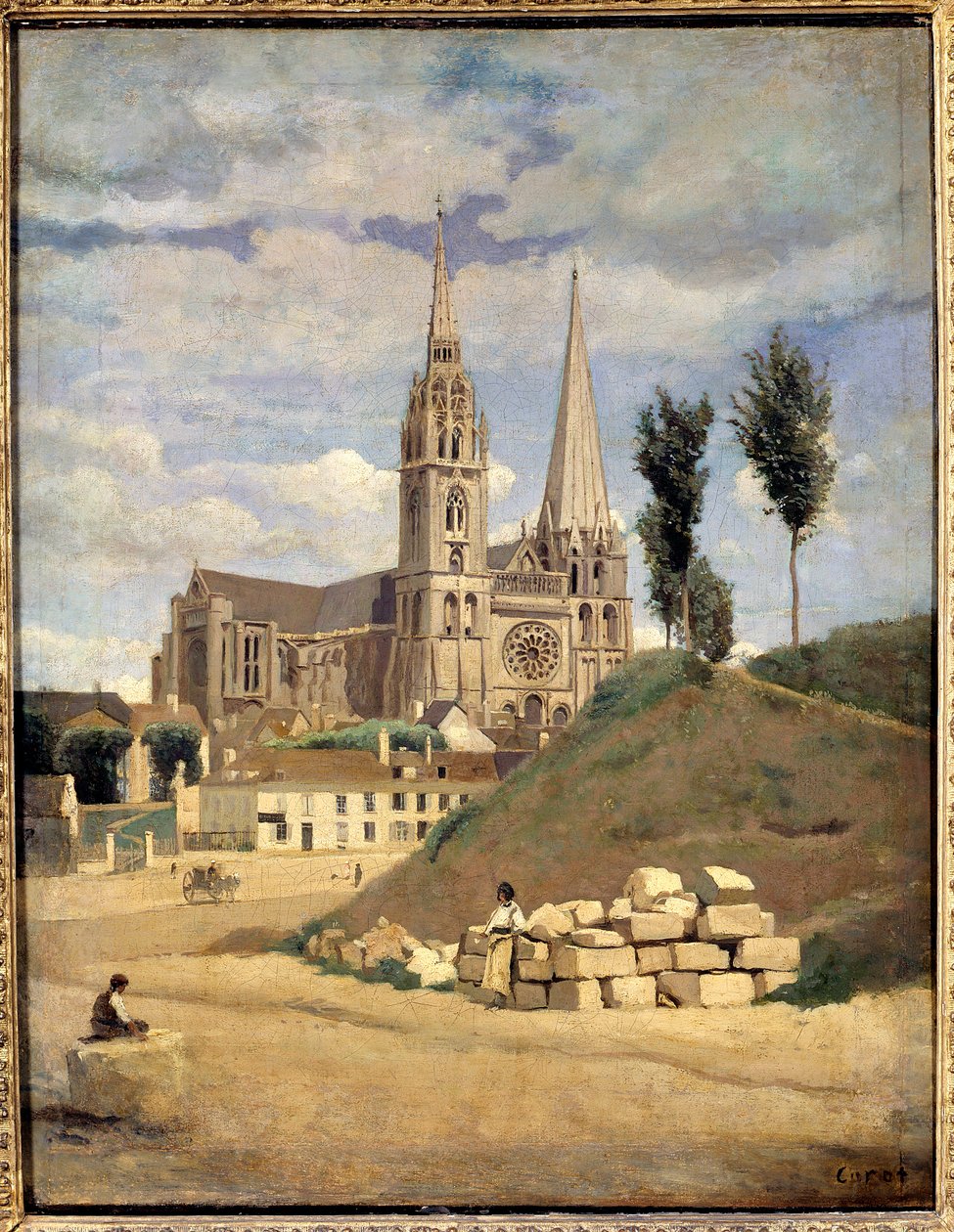 Katedralen i Chartres. Exteriörvy av Cathedrale Notre Dame (Notre-Dame) i Chartres - Målning av Camille Corot (1796-1875) av Jean Baptiste Camille Corot