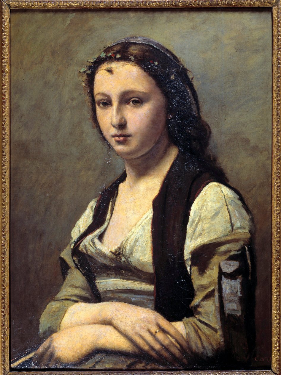 Kvinnan har pärlan. Målning av Camille Corot (1796-1875) av Jean Baptiste Camille Corot