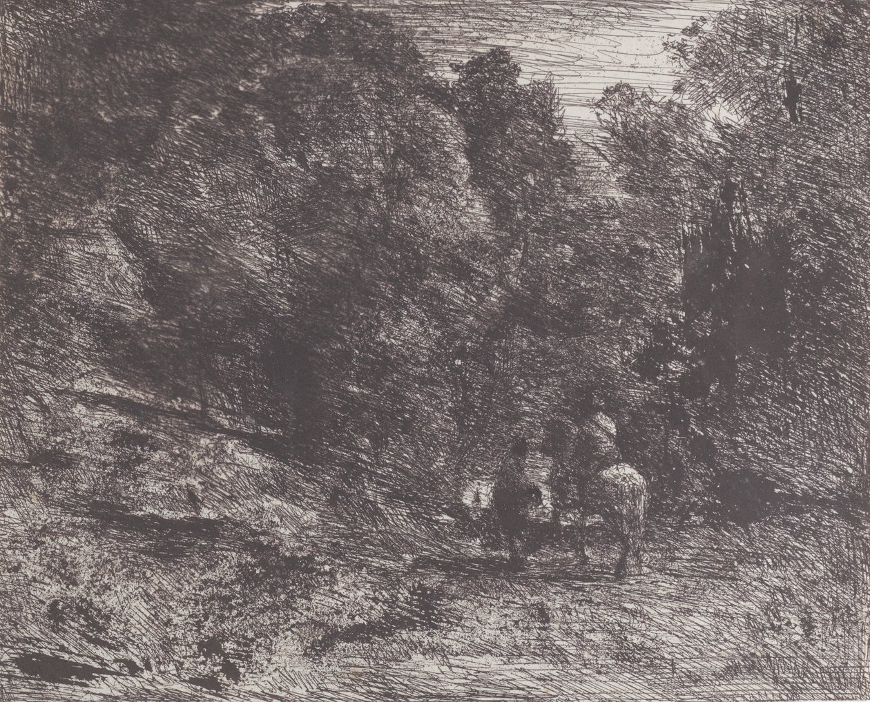 Två resenärer i en skog Ryttaren i skogen och fotgängaren, 1854. av Jean Baptiste Camille Corot