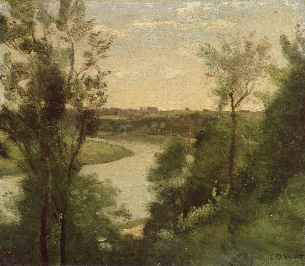 En flod sett från ovan mellan träden av Jean Baptiste Camille Corot