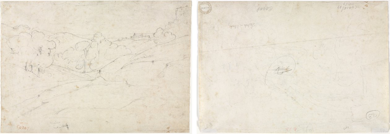 Vy över Marino (recto); Skiss för ett landskap (verso) av Jean Baptiste Camille Corot