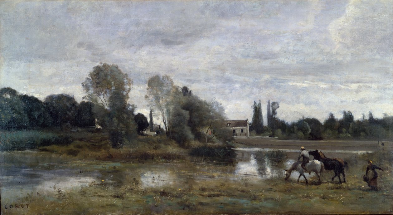 Ville dAvray, Horses Watering, c.1860-65 av Jean Baptiste Camille Corot