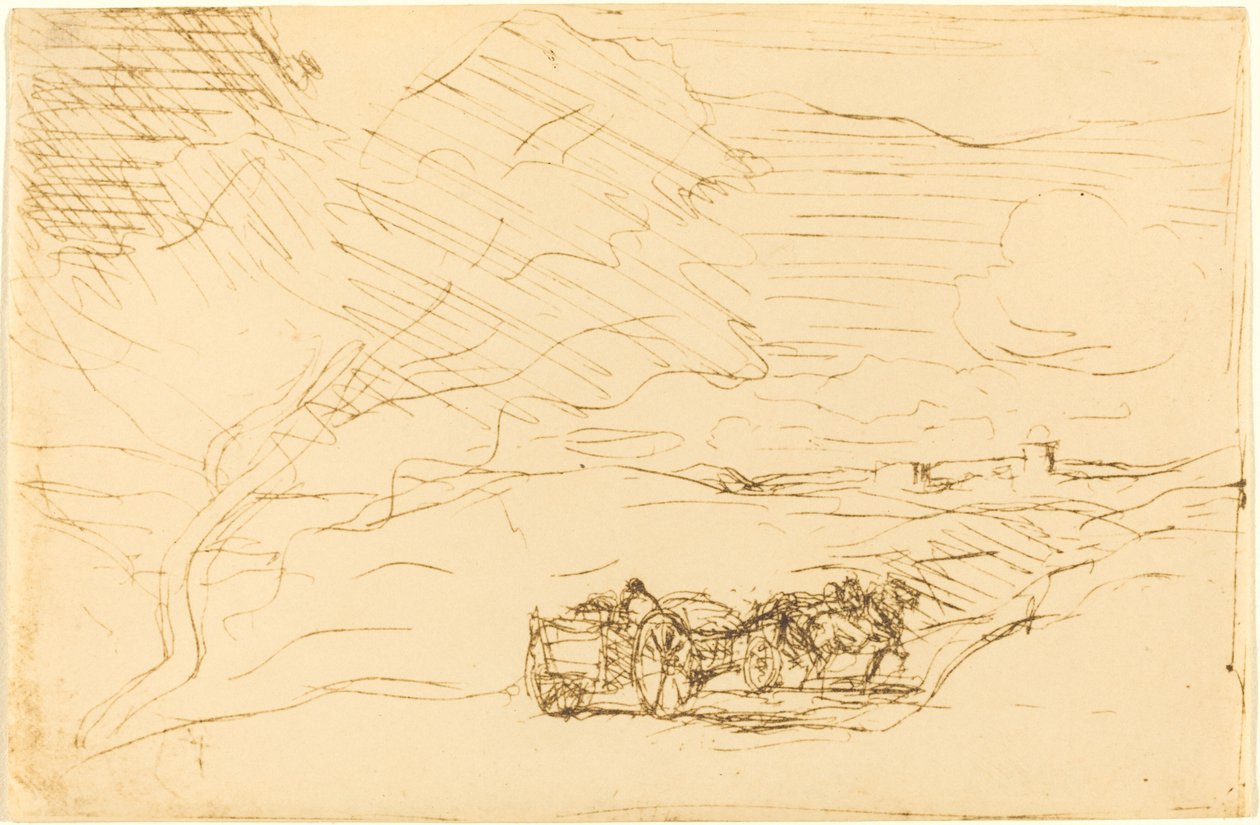Vagn på väg till staden Le Chariot allant a la ville, 1860. av Jean Baptiste Camille Corot