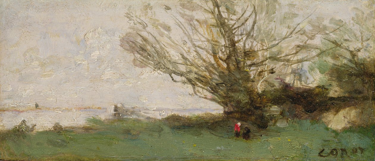 Vinterlandskap bredvid en sjö (panel) av Jean Baptiste Camille Corot