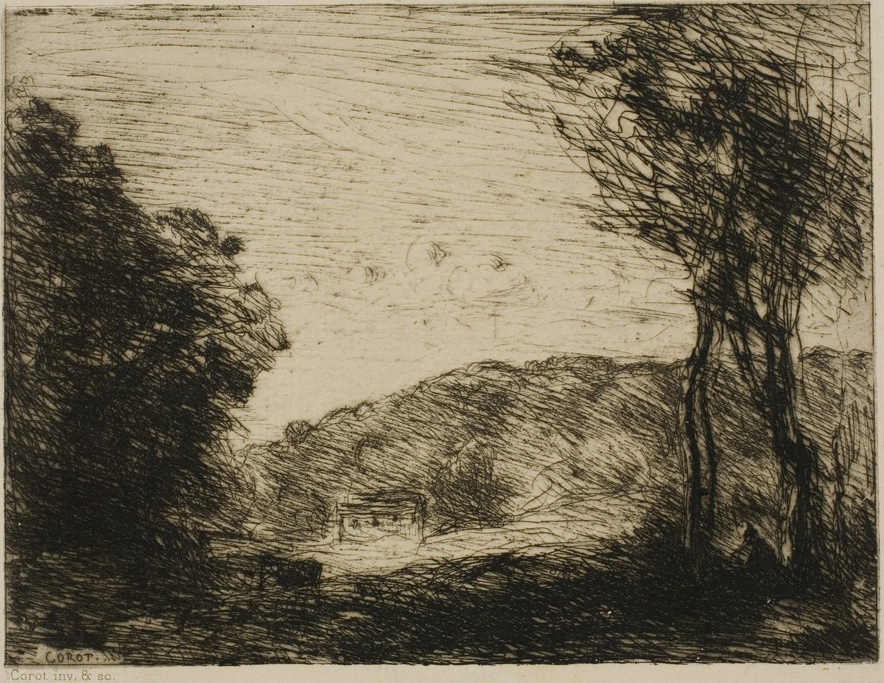 Skogbevuxen landsbygd av Jean Baptiste Camille Corot