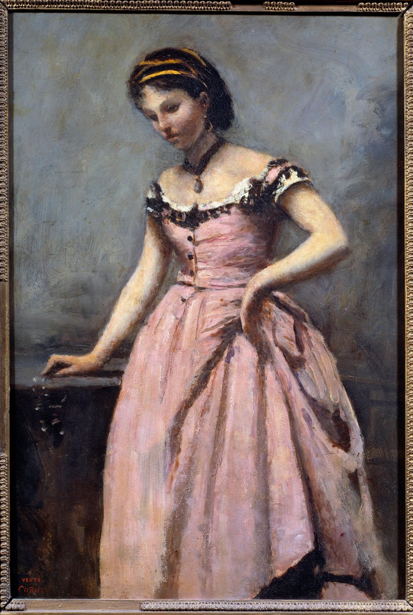Ung flicka med rosa klänning Målning av Camille Corot (1796-1875) 1800-talets sön. 0,46x0,32 m Paris, musee d