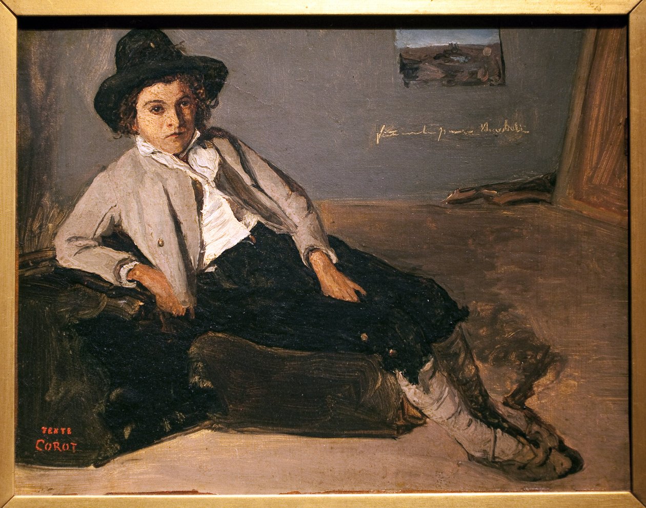 Ung italiensk sittande. Målning av Jean Baptiste Camille Corot (1796-1875), olja på papper maroufle på duk, cirka 1825-1827. Musée des Beaux Arts de Reims. av Jean Baptiste Camille Corot