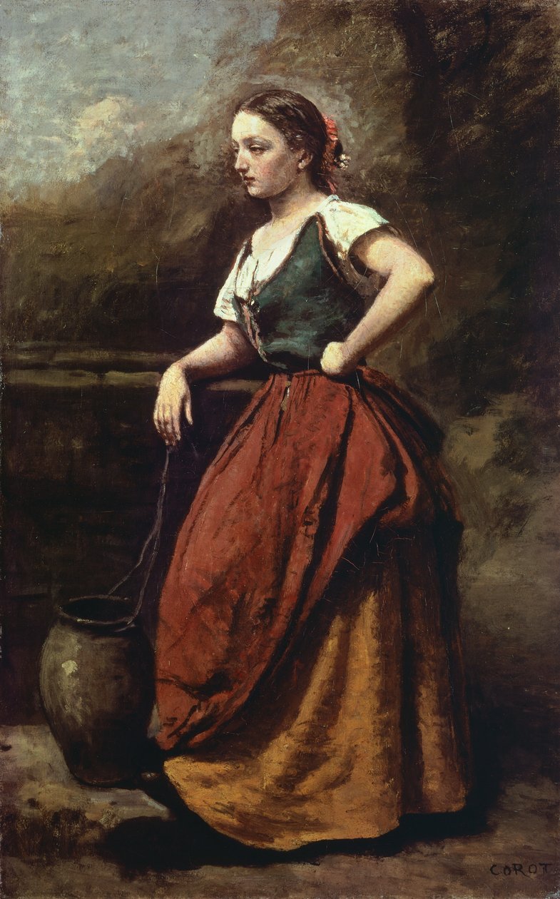 Ung kvinna vid brunnen, av Jean-Baptiste-Camille Corot (1796-1875), 65x40 cm. av Jean Baptiste Camille Corot