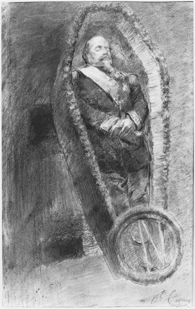 Kejsar Napoleon III i sin kista under begravningsgudstjänsten i kyrkan i Chislehurst, England, den 13 januari 1873 (kol och vitkrita). av Jean Baptiste Carpeaux