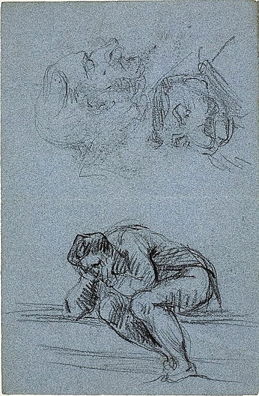 Sittande figur med huvudet i händerna och två karikatyrer (recto); Fyra figurer i en lunett (verso) av Jean Baptiste Carpeaux