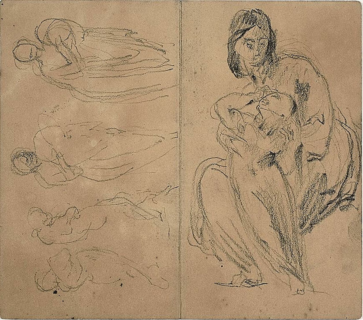 Skisser: Fyra figurer samt sittande mor och barn (recto); Sittande mor och barn (verso) av Jean Baptiste Carpeaux