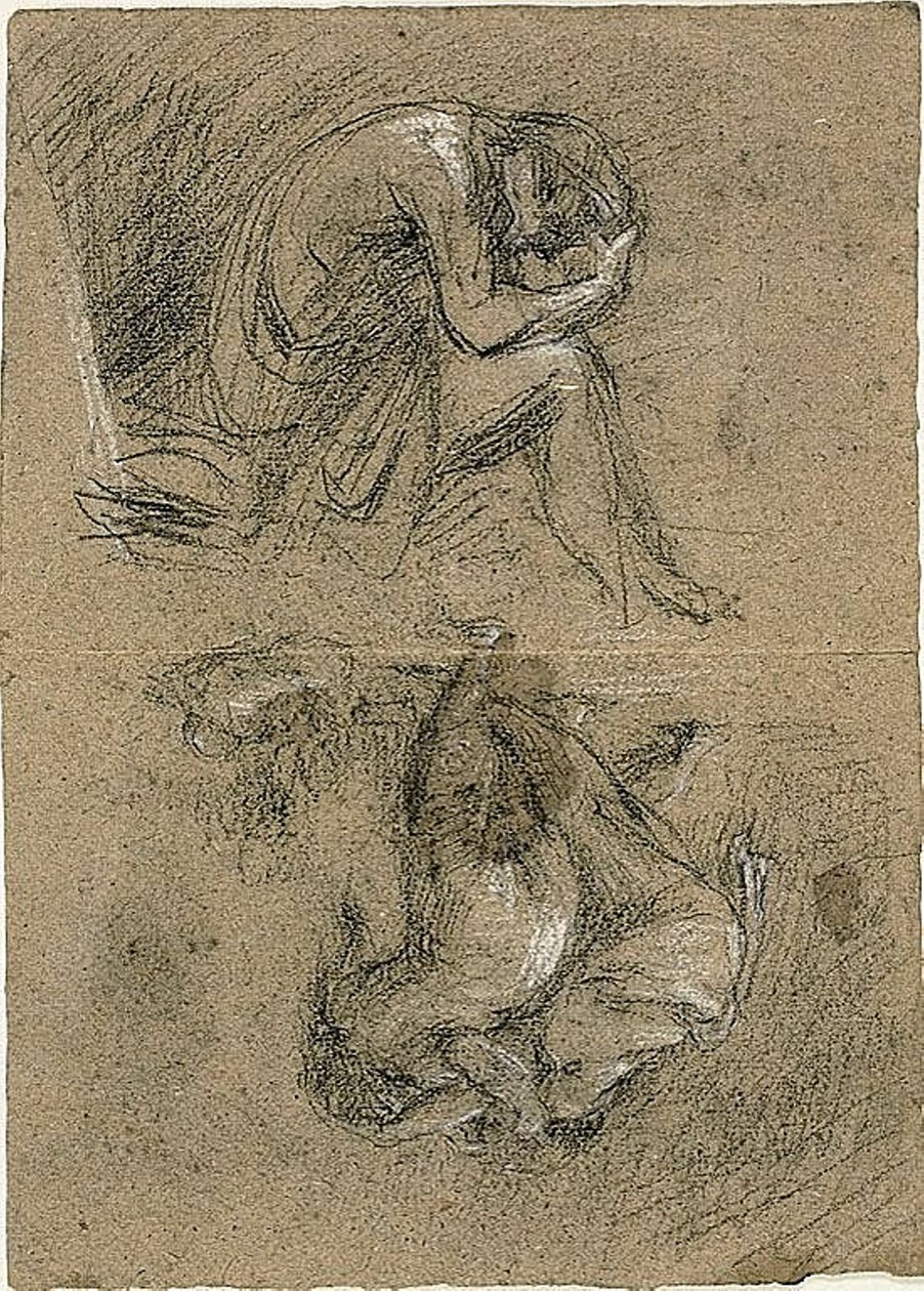 Skisser: Sittande man med huvudet i händerna och två figurer som böjer sig mot andra i bakgrunden (recto); Liggande kvinna (tergo) av Jean Baptiste Carpeaux