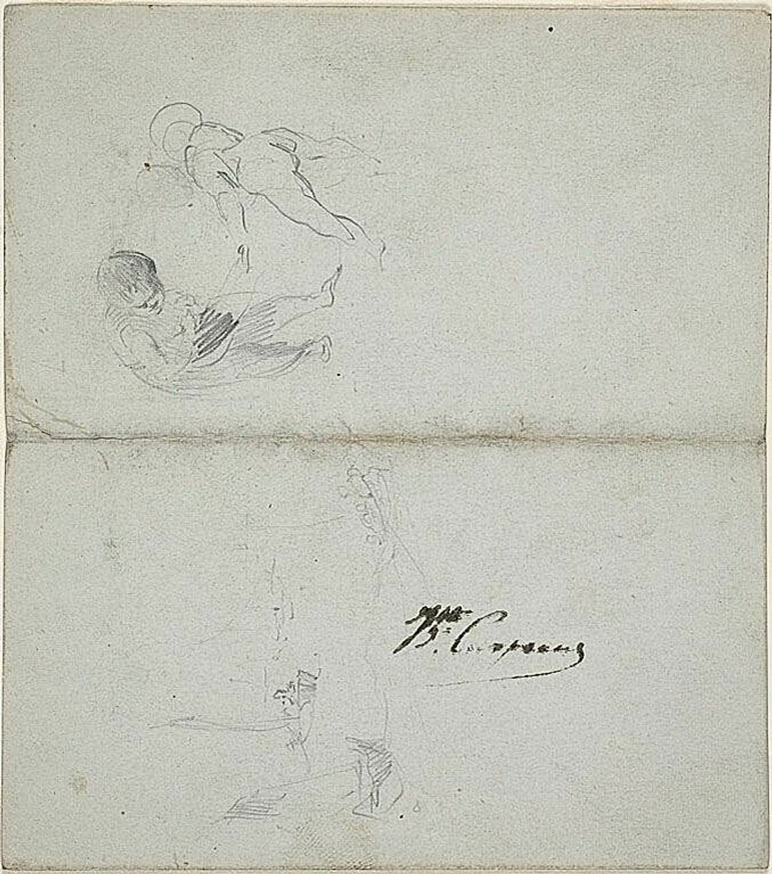Skisser av två barn, båtar till havs (recto); Skisser av gående manlig figur med stav och kustscen (verso) av Jean Baptiste Carpeaux