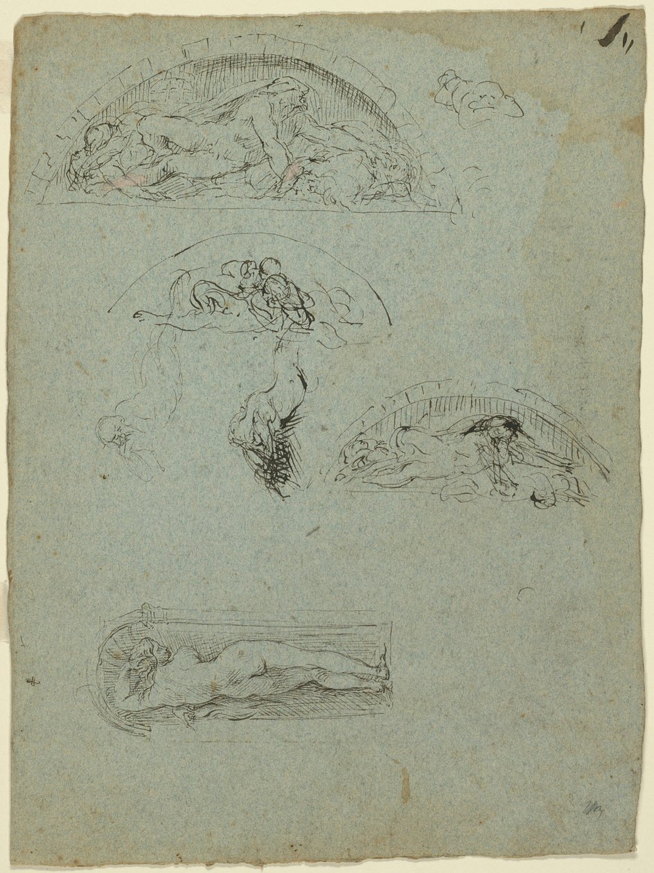 Stående figur i en nisch och studier för Ugolino-gruppen (recto); Rödklädd prelat i en folkmassa (verso) av Jean Baptiste Carpeaux