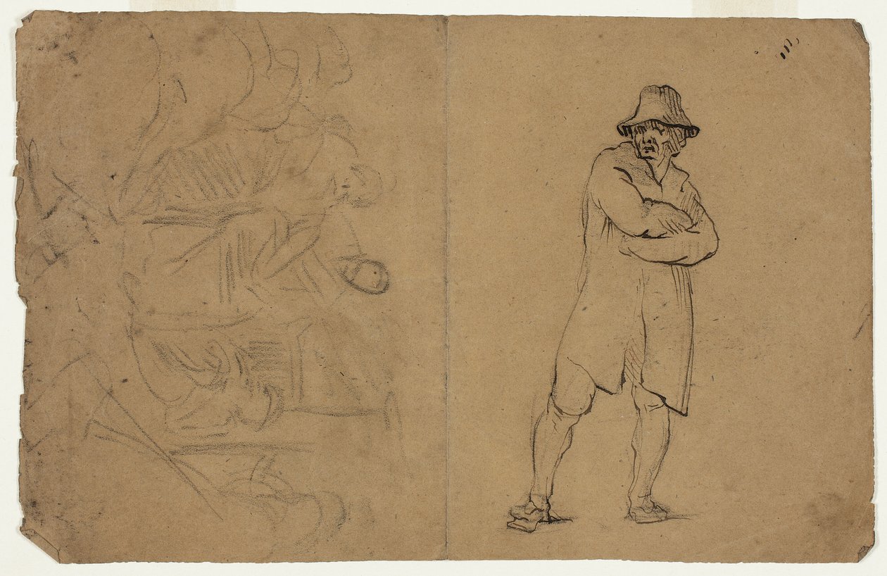Två skisser: Stående man med korslagda armar och figurgrupp av Jean Baptiste Carpeaux