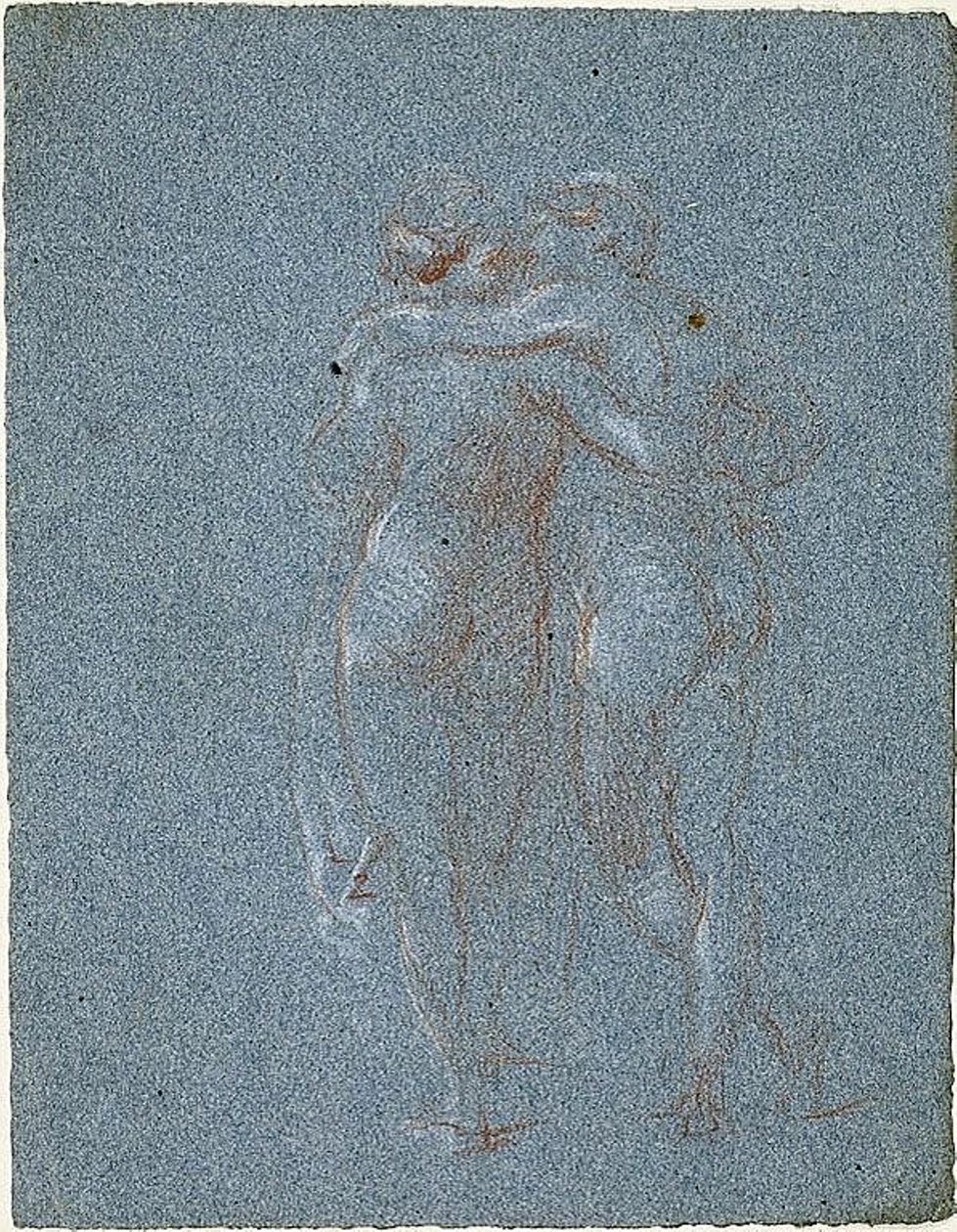 Två stående figurer, omfamnande (recto); Man med lie och skisser av byggnader (verso) av Jean Baptiste Carpeaux